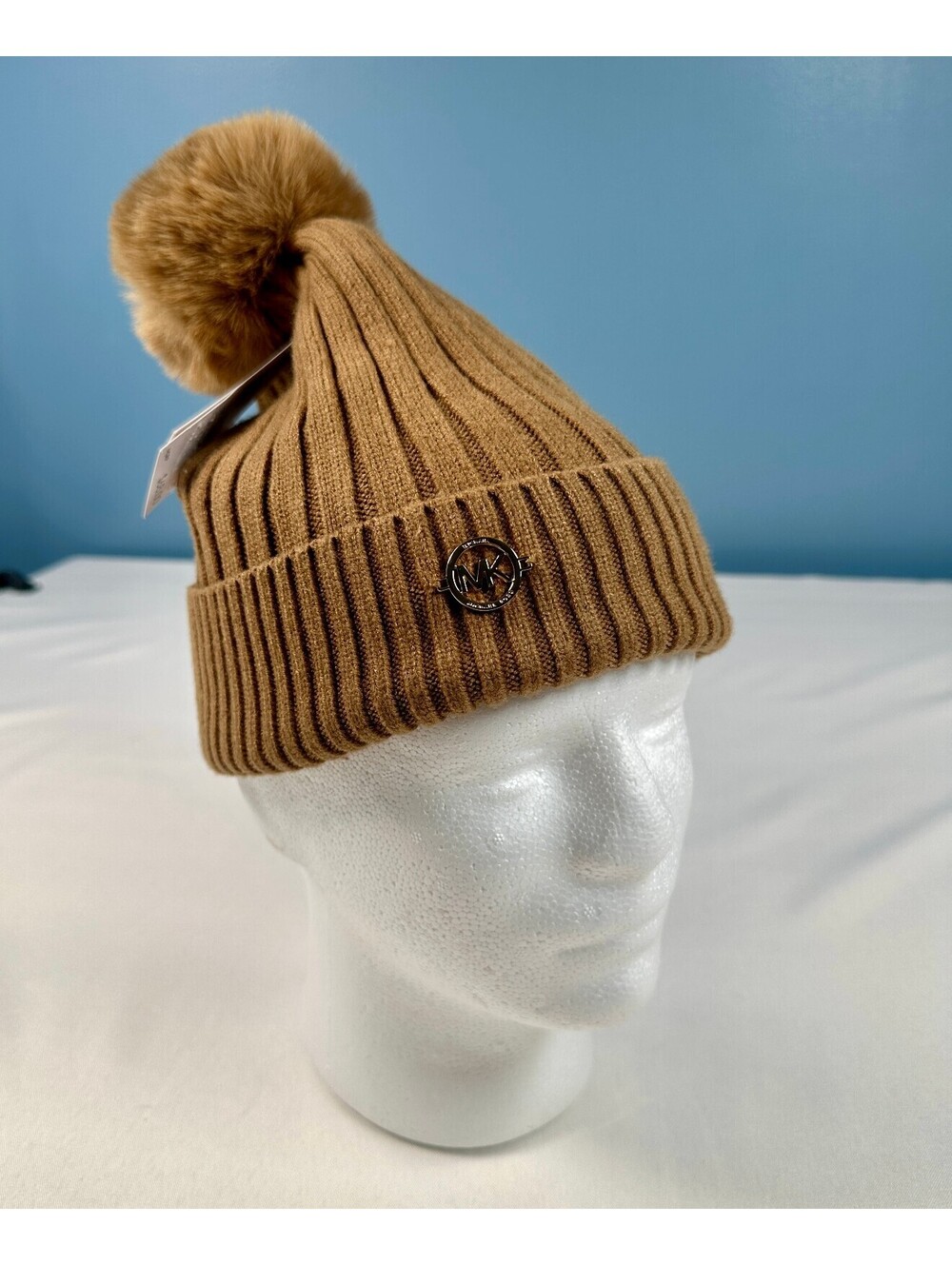 Michael Kors Faux Fur Pom Beanie Hat Camel Brown Ribbed Knit Fleece Lined NWT